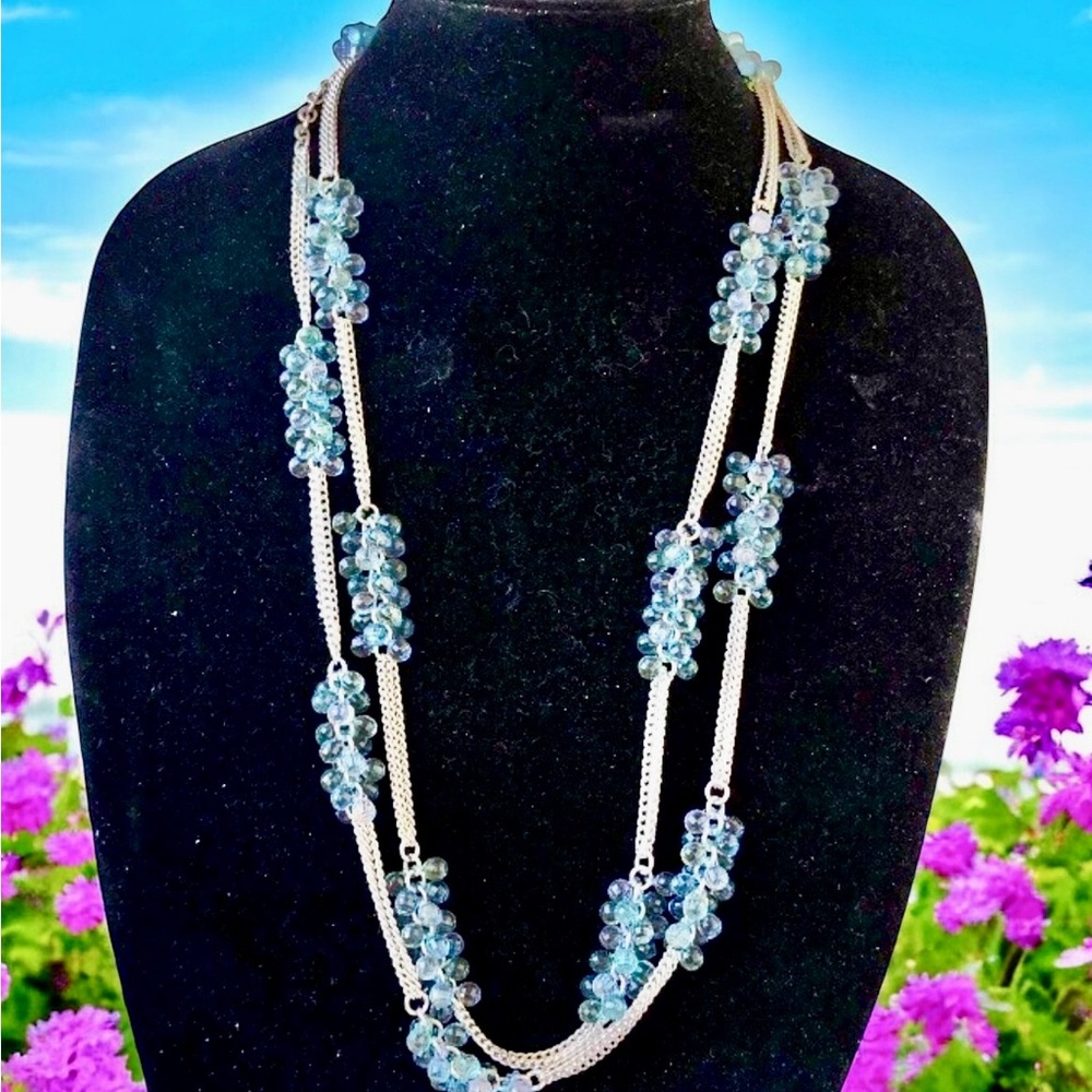 Joan Rivers Necklace Blue Glass Crystal Beads Triple Silvertone Chain 60”